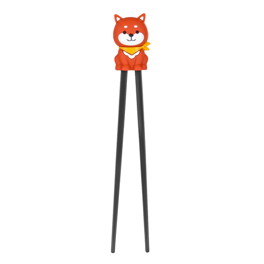 Black training chopsticks with an orange-brown Shiba Inu topper wearing a yellow bandana - PABOOM