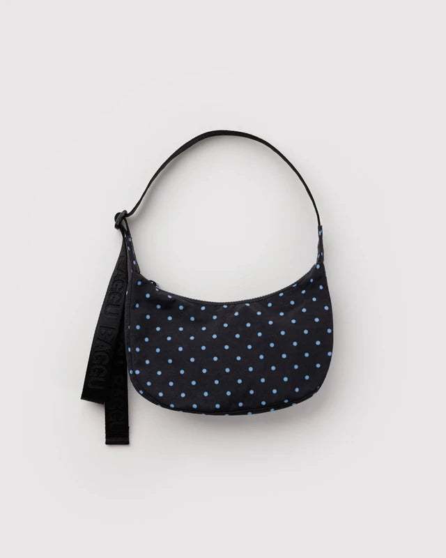 BAGGU Small Nylon Crescent Bag in Black and Sky Blue Micro Dot with adjustable logo strap - PABOOM