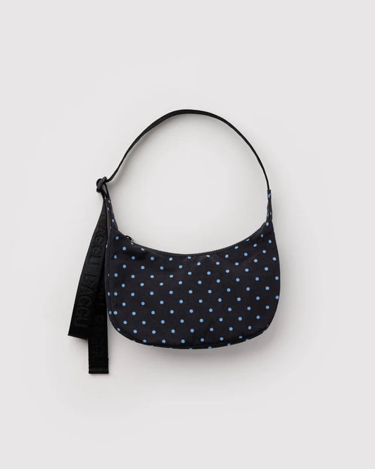 BAGGU Small Nylon Crescent Bag in Black and Sky Blue Micro Dot with adjustable logo strap - PABOOM