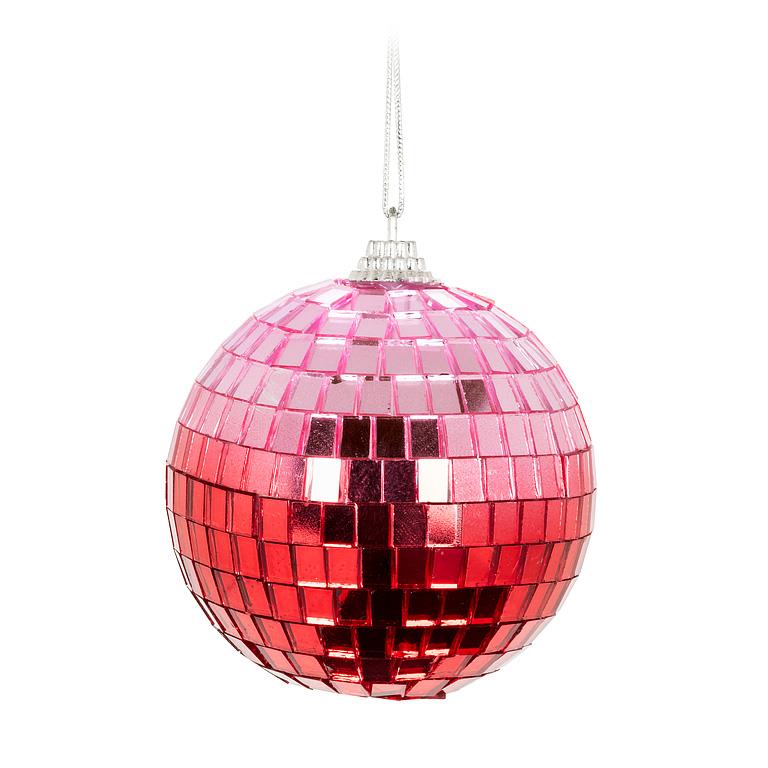 Pink and red ombre mirror-tile disco ball ornament with silver hanging string, 3 inches in diameter