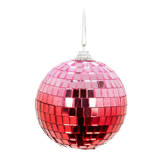 Pink and red ombre mirror-tile disco ball ornament with silver hanging string, 3 inches in diameter