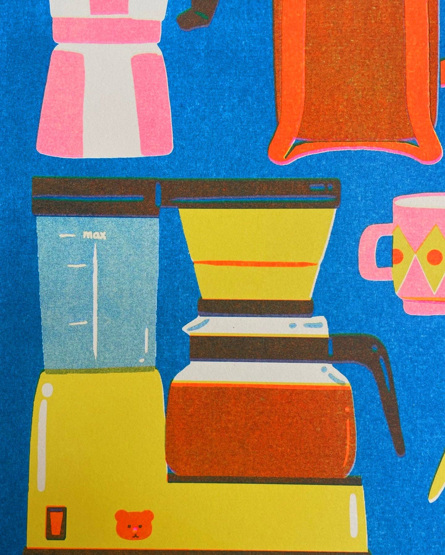 Coffee Pot risograph print close-up showing colour detail - PABOOM