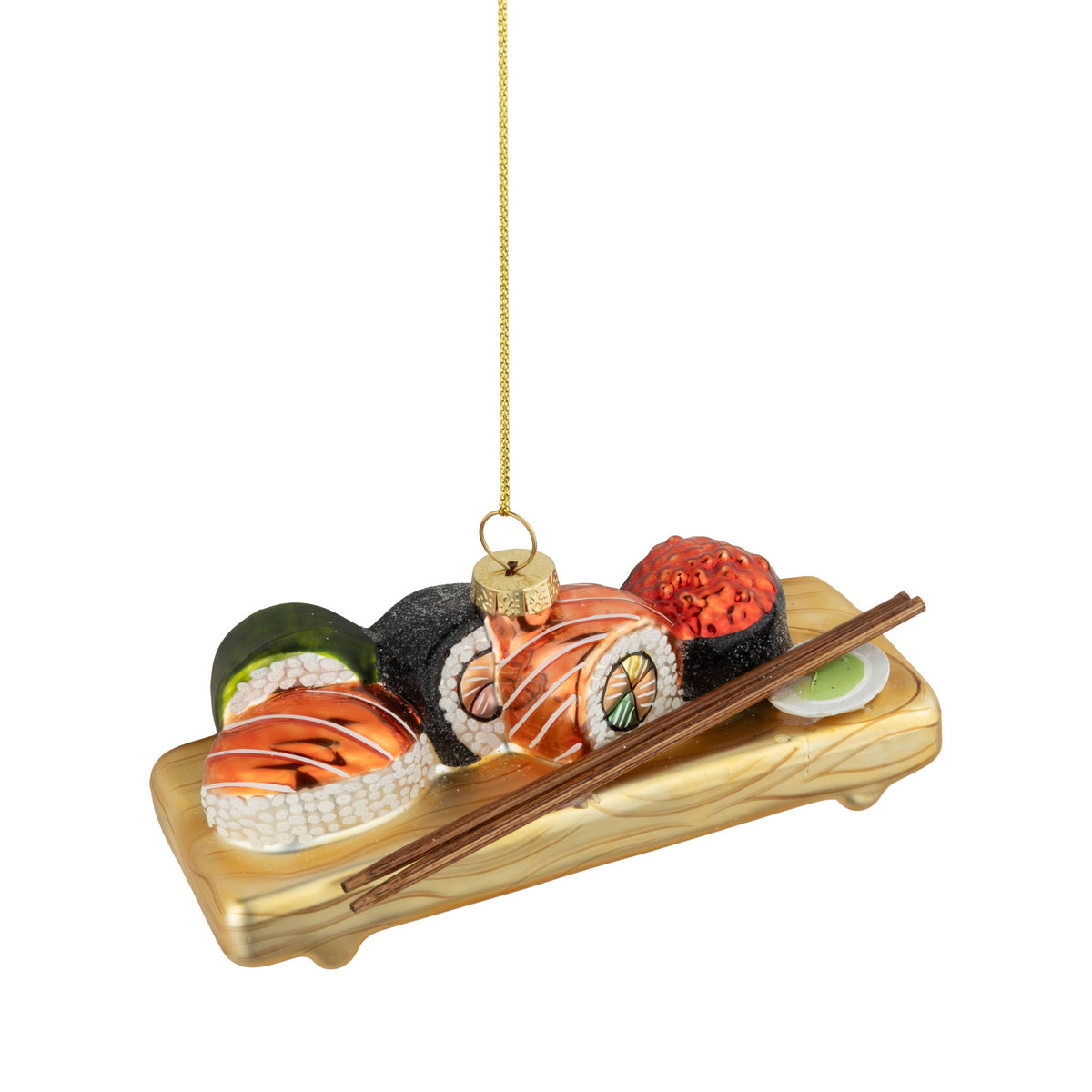 Glass sushi tray ornament with colourful rolls and chopsticks on a wood-look platter - PABOOM