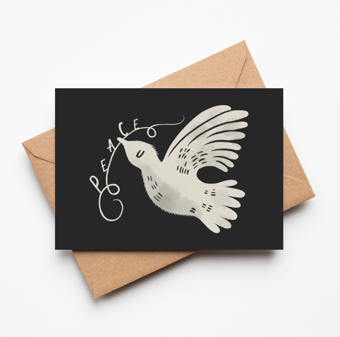 'A Dove for Peace' Christmas card in landscape format, featuring a watercolour dove carrying the word 'PEACE' on a black background