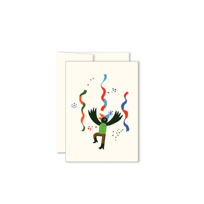 Illustrated bird in a party hat and green sweater dancing amid confetti and streamers