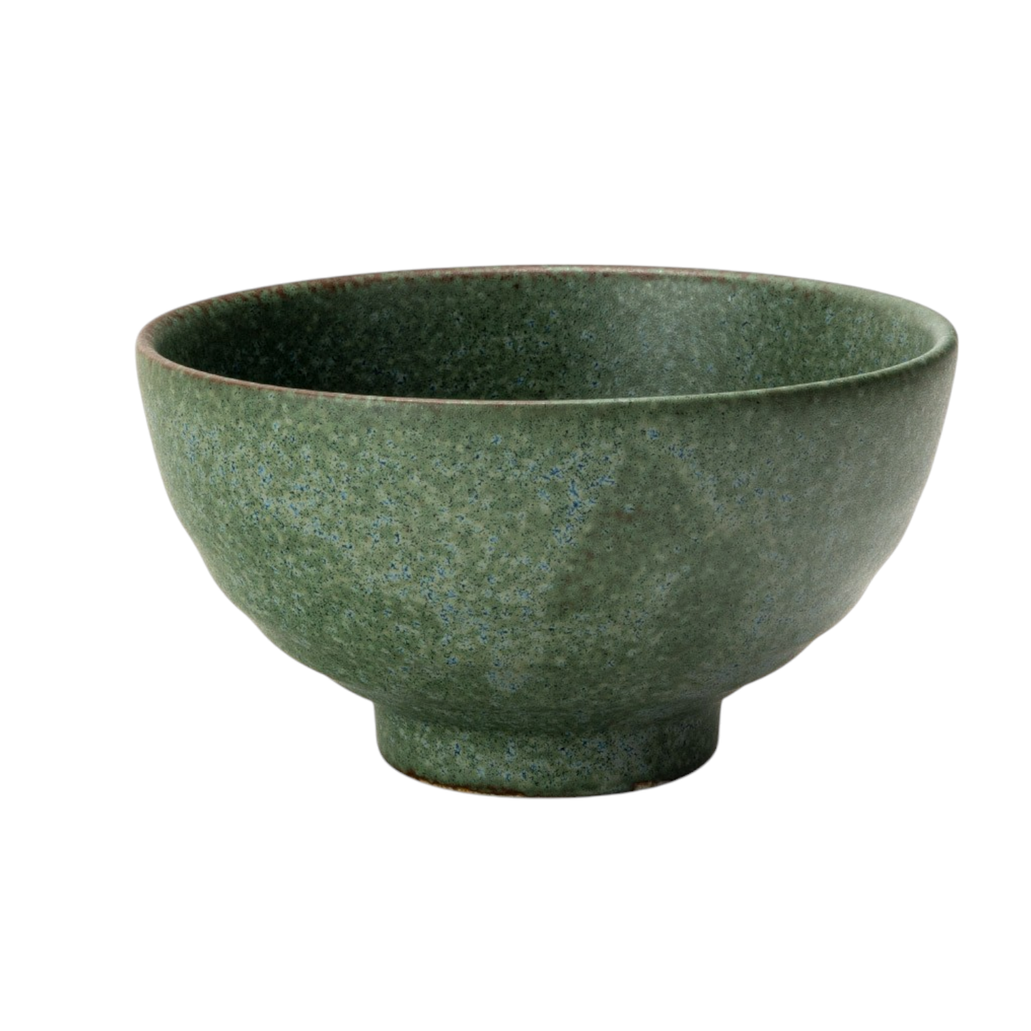 Speckled sage green matte porcelain rice bowl viewed from a front angle