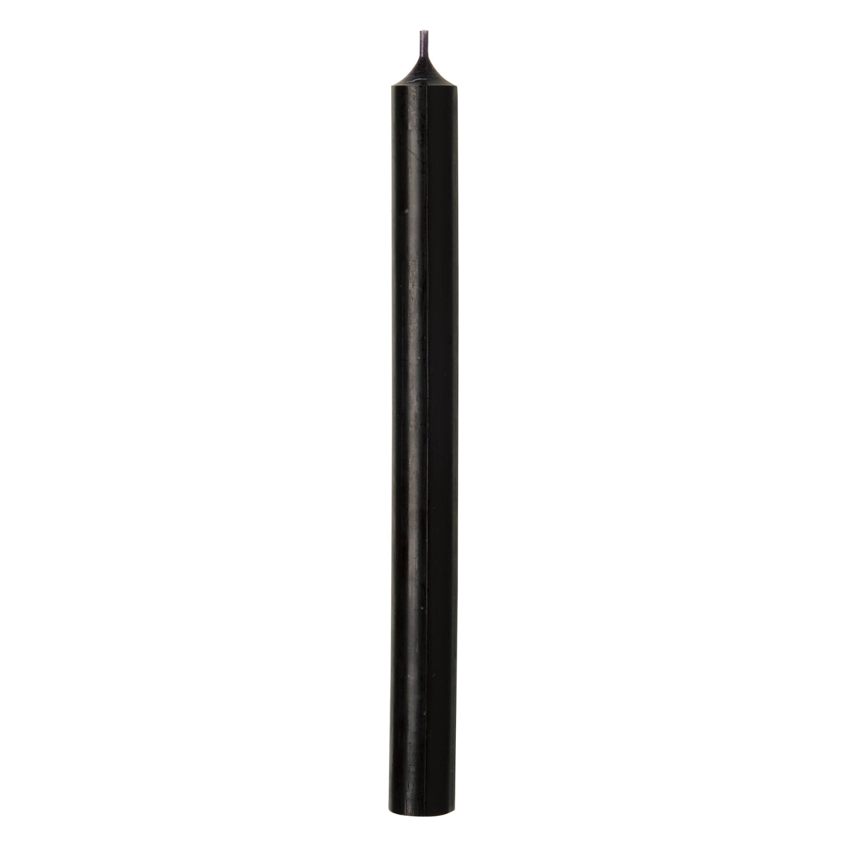 Tall black tapered dinner candle with pointed wick, standing upright
