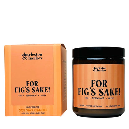 Charleston & Harlow For Fig's Sake! soy candle in amber jar with orange striped label, beside its matching gift box