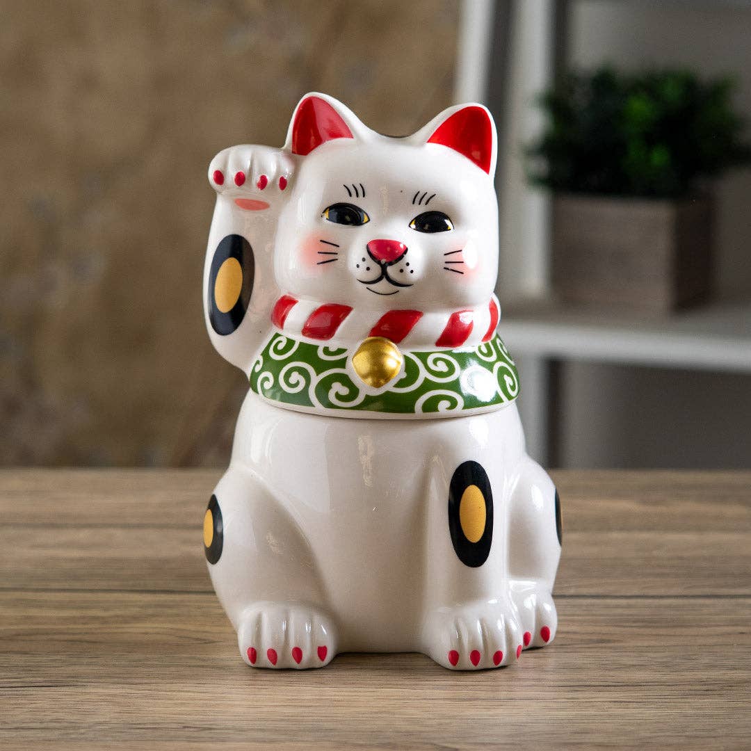 Maneki Neko cookie jar lid removed showing storage interior