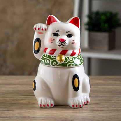 Maneki Neko cookie jar lid removed showing storage interior