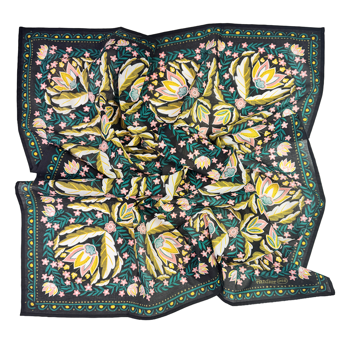 Wild Rag Betty Bandana flat lay in black with gold, pink and green floral print