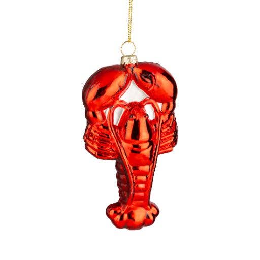 Shiny red glass lobster-shaped ornament hanging by gold cord - PABOOM