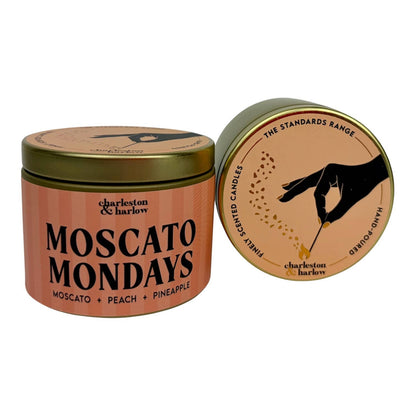 Charleston & Harlow Moscato Mondays candle and box lineup lifestyle shot