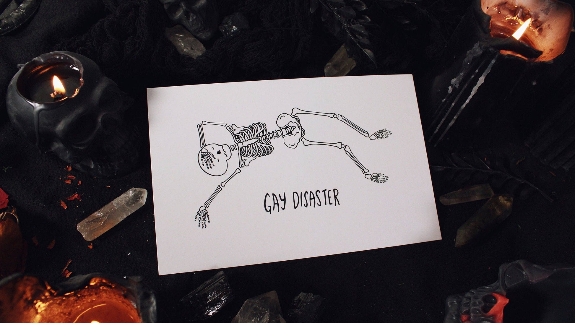 Gay Disaster art print shown at an angle on premium glossy cardstock