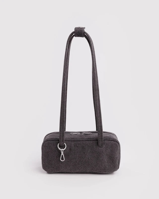 BAGGU Small Denim Bowler Bag in washed black denim with silver swivel clasp charm loop - PABOOM