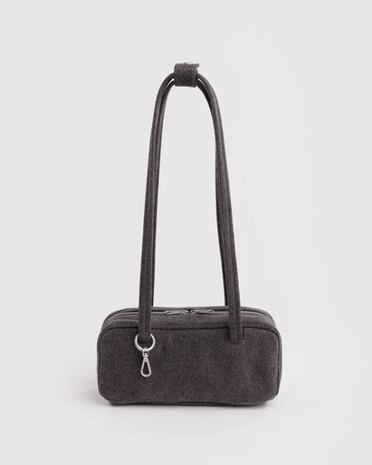 BAGGU Small Denim Bowler Bag in washed black denim with silver swivel clasp charm loop - PABOOM