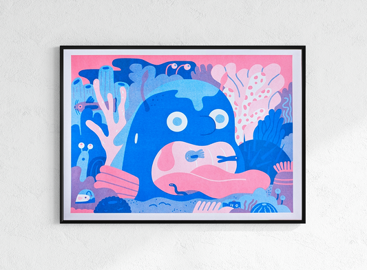 Sea Creature A3 Risograph Print — illustration of a large blue sea monster surrounded by pink coral and small creatures