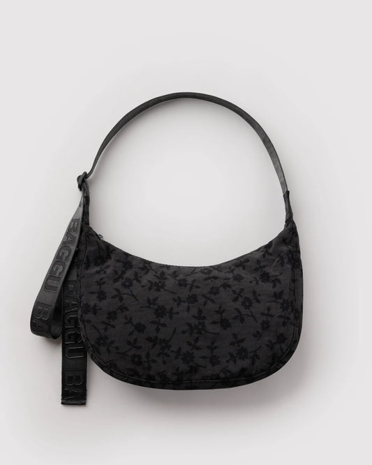 BAGGU Medium Nylon Crescent Bag - Charcoal Ditsy Floral