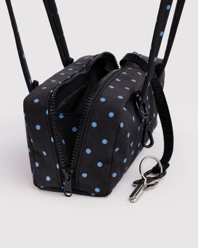 BAGGU Small Nylon Bowler Bag Black and Sky Blue Micro Dot side profile - PABOOM