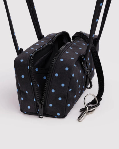 BAGGU Small Nylon Bowler Bag Black and Sky Blue Micro Dot side profile - PABOOM