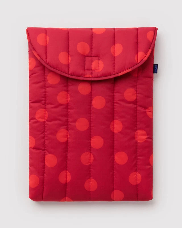 BAGGU Puffy Laptop Sleeve in red polka dot print, quilted with a flap closure
