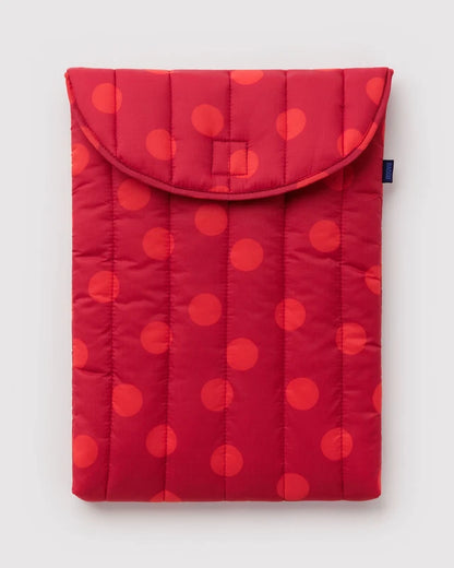 BAGGU Puffy Laptop Sleeve in red polka dot print, quilted with a flap closure
