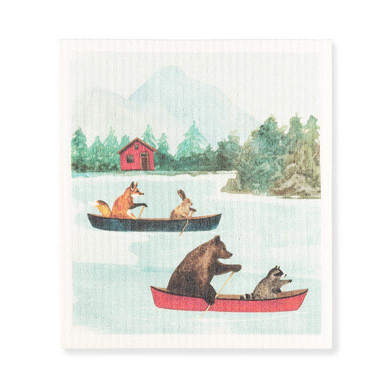 Reusable dishcloth printed with a canoe full of animals, light blue and red design