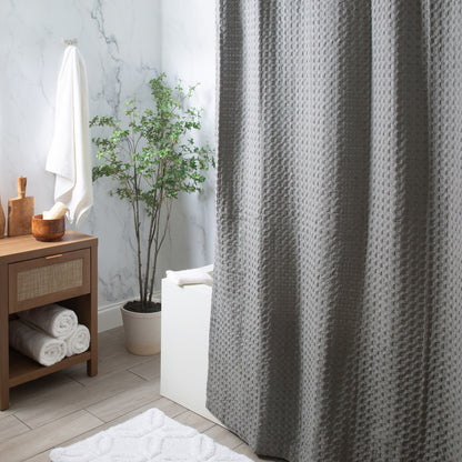 Chunky Waffle Shower Curtain Cotton Grey