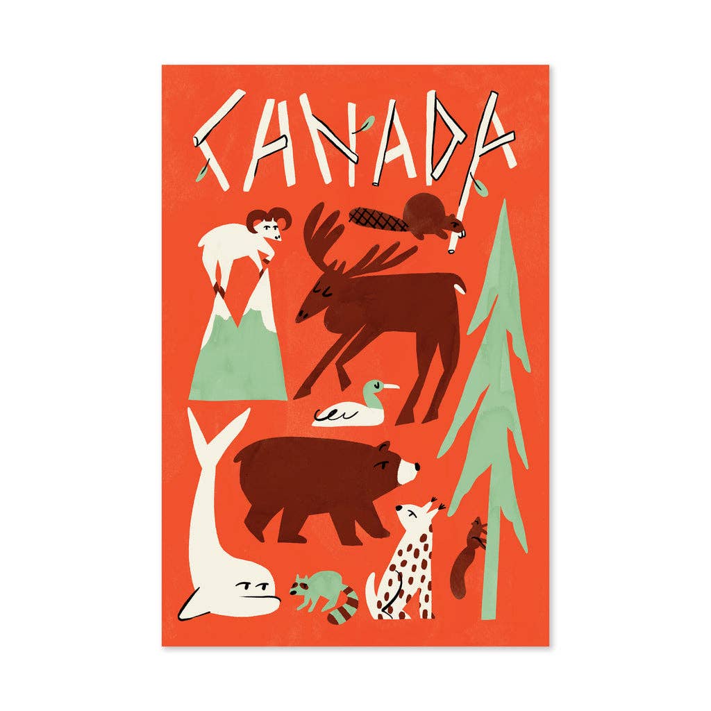 Orange postcard with hand-lettered Canada text and illustrated wildlife including a moose, bear, beaver, and narwhal