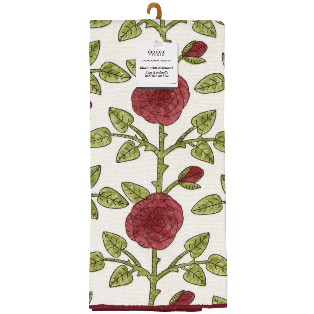 Close-up of the hand block-printed rose and thorn pattern on the Rose Briar dishtowel - PABOOM