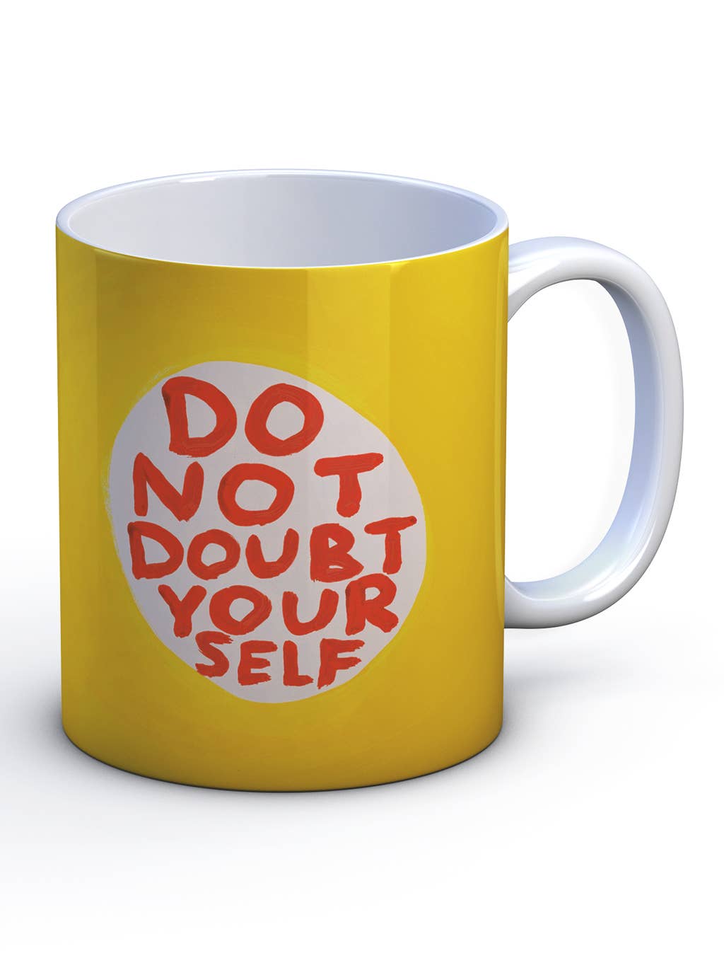 David Shrigley yellow ceramic mug with bold red hand-lettered text reading "Do Not Doubt Yourself" - PABOOM