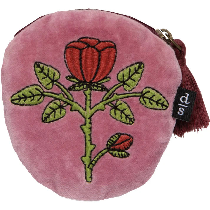 Pink velvet round coin purse embroidered with a red rose and green leaves, with a burgundy tassel zipper pull – PABOOM