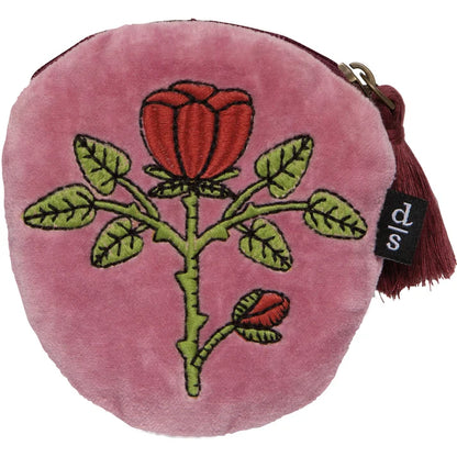 Pink velvet round coin purse embroidered with a red rose and green leaves, with a burgundy tassel zipper pull – PABOOM