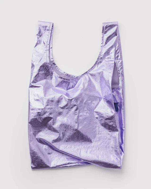 BAGGU Standard Baggu reusable bag in Lavender Metallic print folded flat - PABOOM