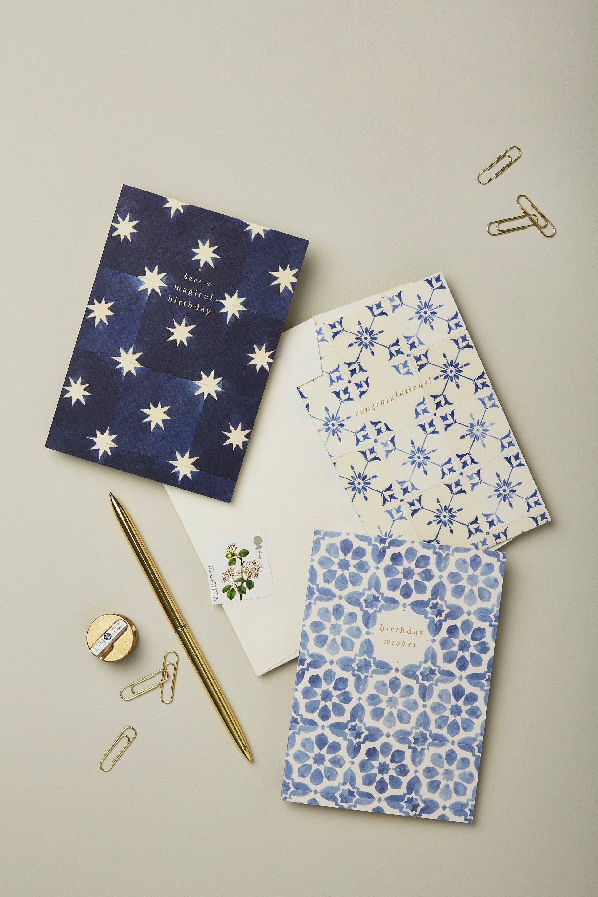 Navy Stars Magical Birthday card paired with its navy envelope