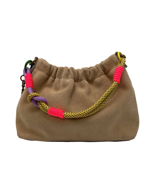 Suede Leather Shoulder Bag Pleated - Beige