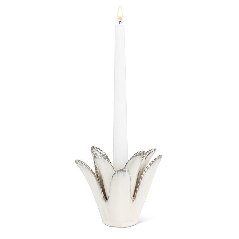 Blue-green stoneware taper candle holder shaped like an agave rosette, 4.5 inches tall