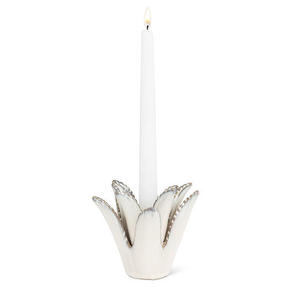 Blue-green stoneware taper candle holder shaped like an agave rosette, 4.5 inches tall