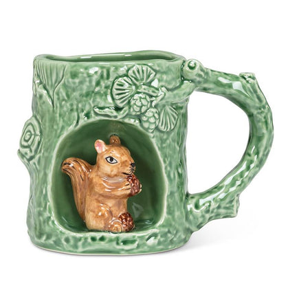 Bark-textured stoneware mug with a squirrel tucked into a tree-shaped alcove, 12oz