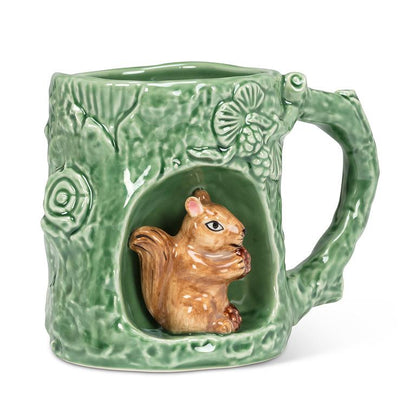 Bark-textured stoneware tree mug with squirrel, additional angle