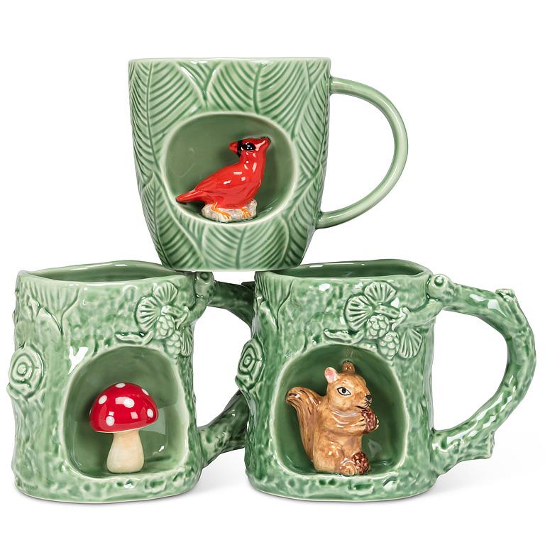 Bark-textured stoneware tree mug with squirrel, additional angle