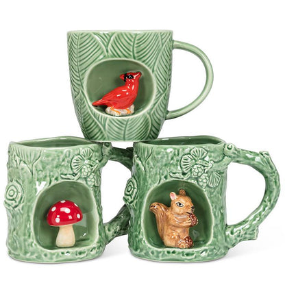 Bark-textured stoneware tree mug with squirrel, additional angle