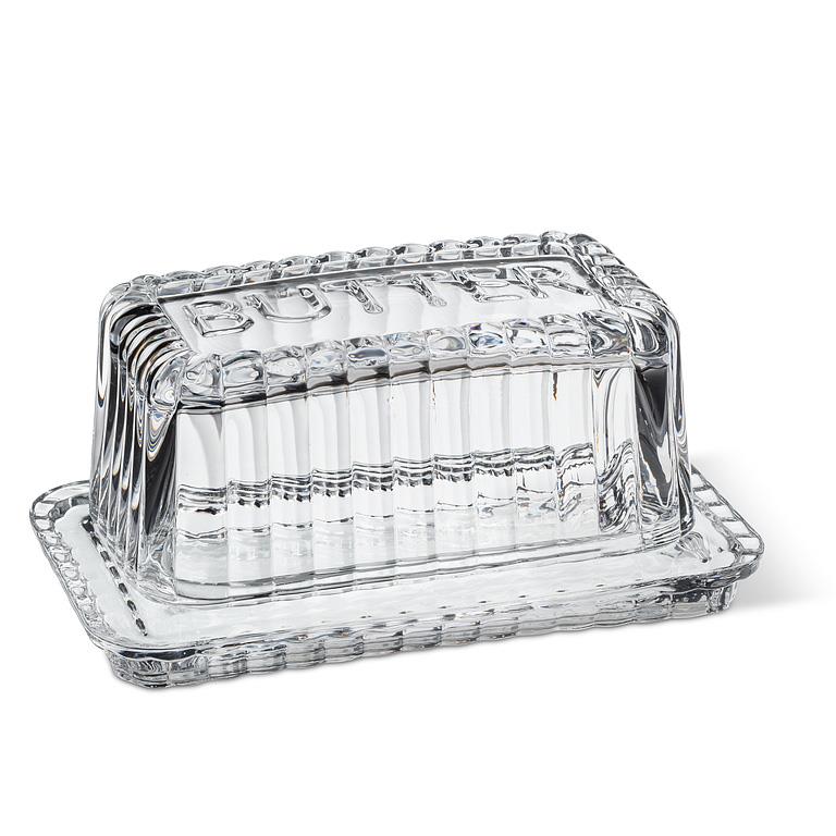 Clear glass rectangular butter dish with ridged lid, 6.5 inches long