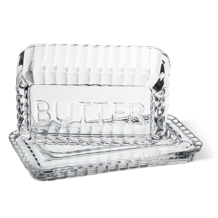 Clear glass rectangular butter dish, additional angle