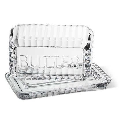 Clear glass rectangular butter dish, additional angle