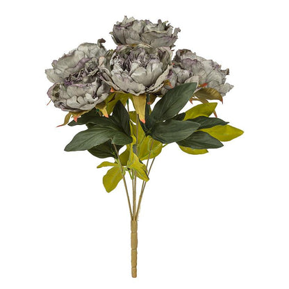 Bouquet of 7 artificial open peony blooms in greyish blue, 17 inches long