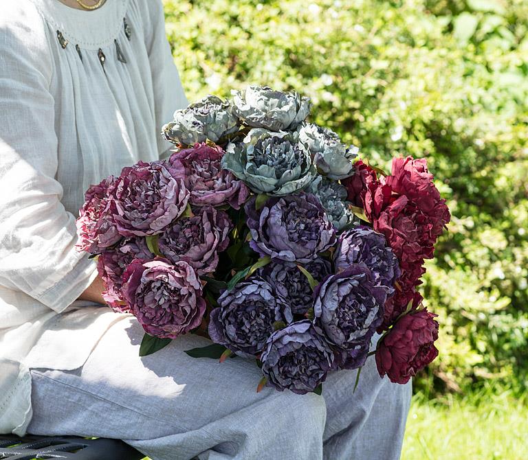 Artificial open peony bouquet in greyish blue, additional angle