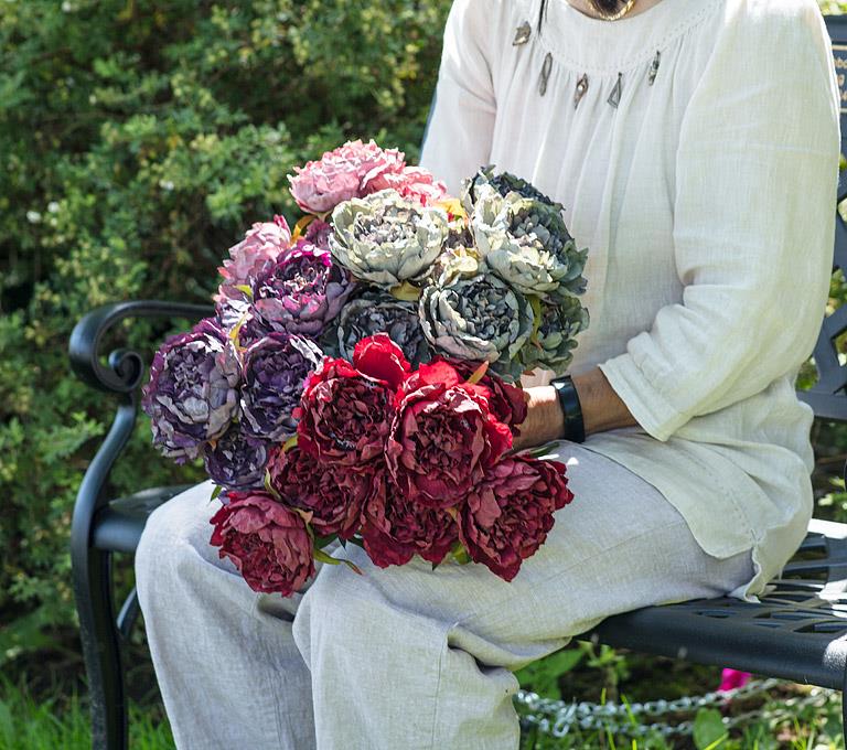 Artificial open peony bouquet in greyish blue, additional angle
