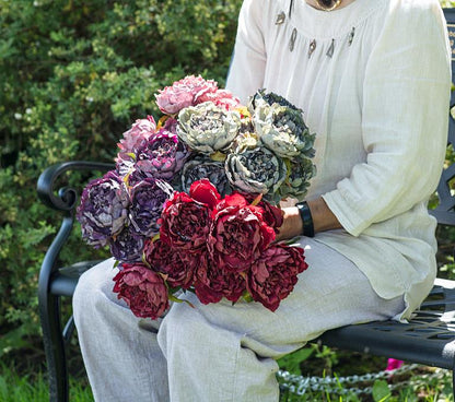 Artificial open peony bouquet in greyish blue, additional angle