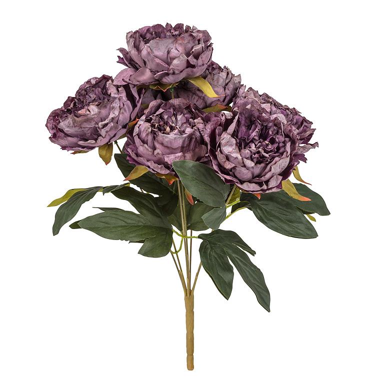 Bouquet of 7 artificial open peony blooms in purple, 17 inches long